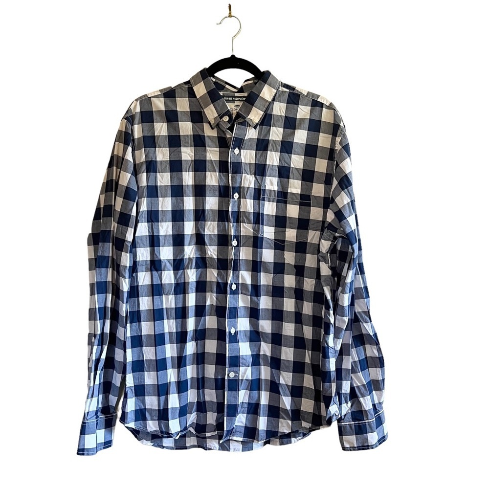Old Navy Mens Large White Blue Checkered Long Sleeve Button Up Shirt